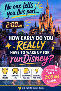runDisney wake up time and race morning timeline showing 2 AM alarm, transportation, and start time tips