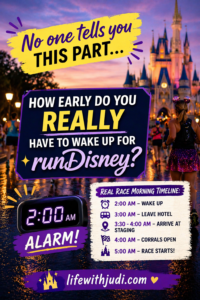 runDisney wake up time and race morning timeline showing 2 AM alarm, transportation, and start time tips
