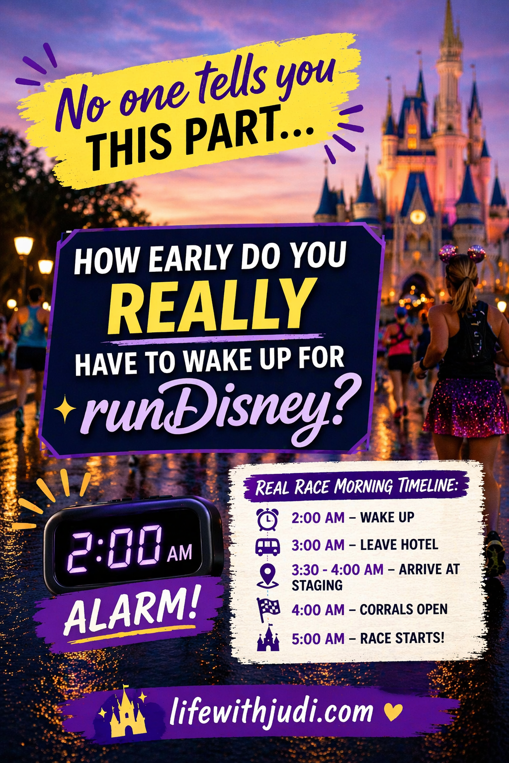 runDisney wake up time and race morning timeline showing 2 AM alarm, transportation, and start time tips