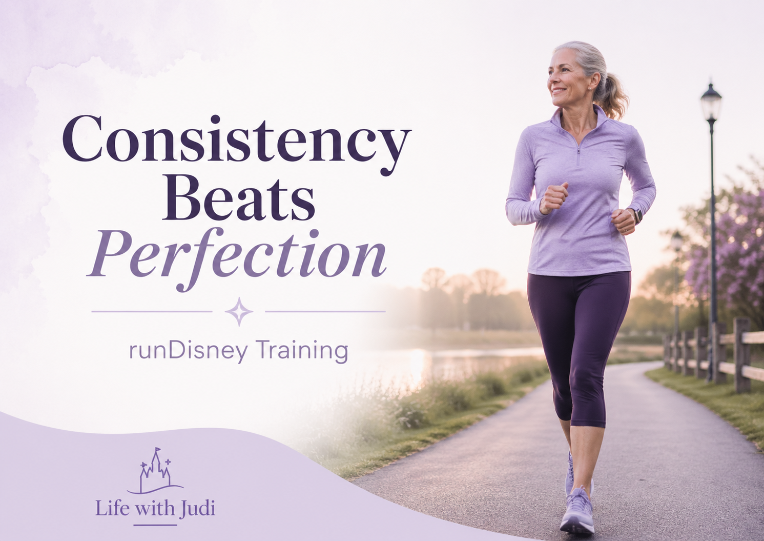 Featured image for a runDisney training blog post about consistency beating perfection, showing a woman running in lavender athletic wear