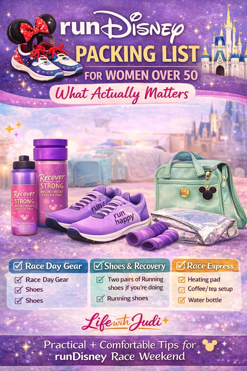 runDisney packing list for women over 50, showing running shoes, recovery items, race gear what to pack for runDisney