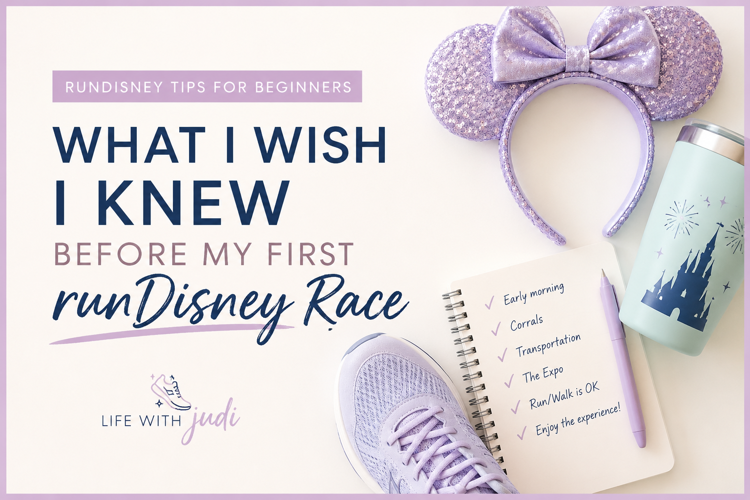 What I Wish I Knew Before My First runDisney Race featured image with purple running shoe, Minnie ears, and race planning notebook