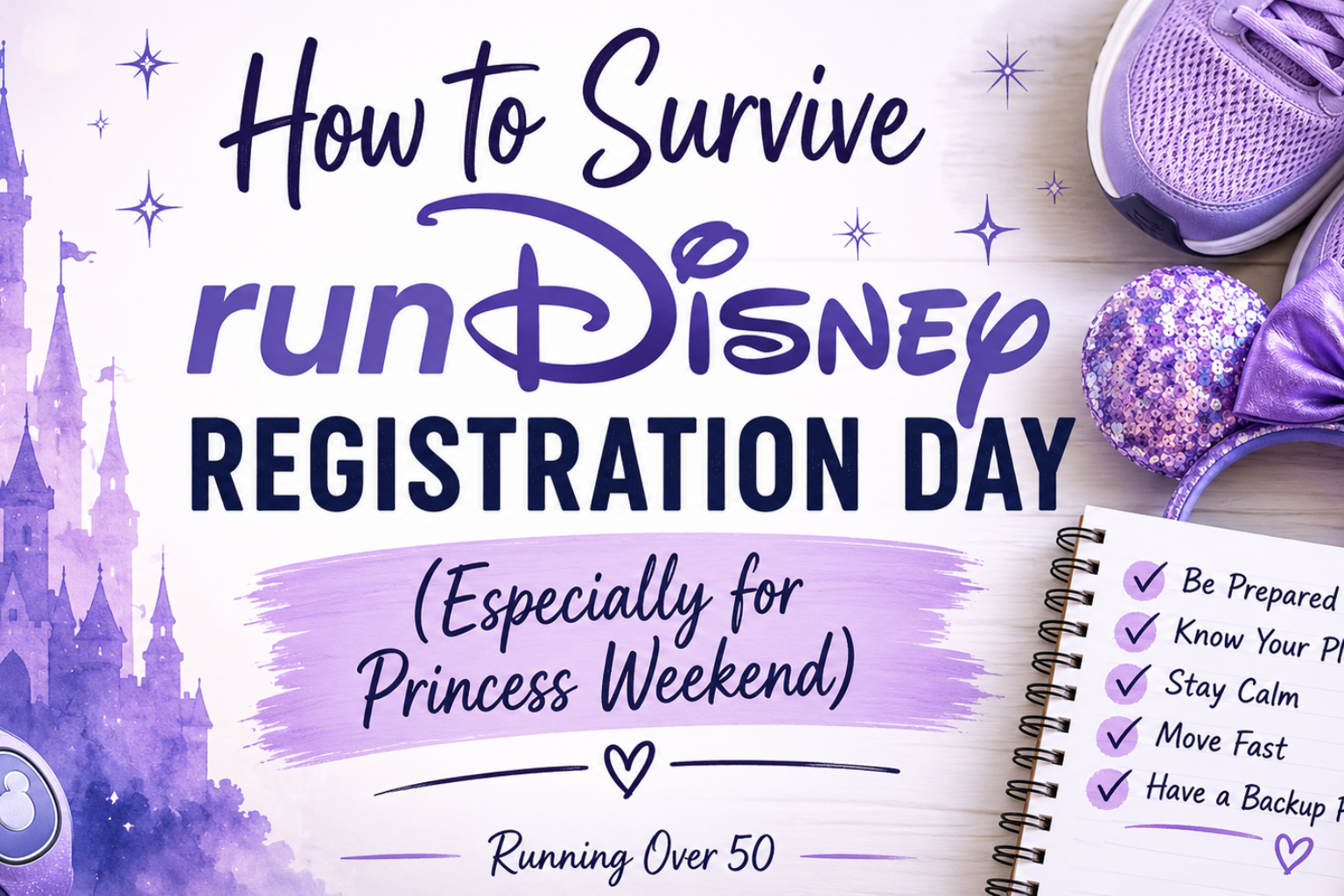 Soft purple runDisney registration day graphic with checklist, castle, running shoes, and Minnie ears for Princess Weekend tips.