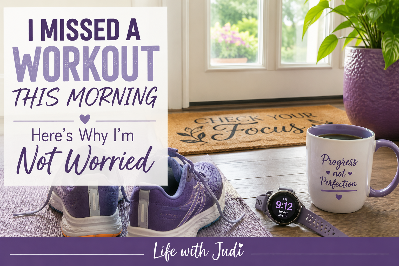 Running shoes, coffee, and fitness watch for a blog post about missing a workout and not feeling guilty