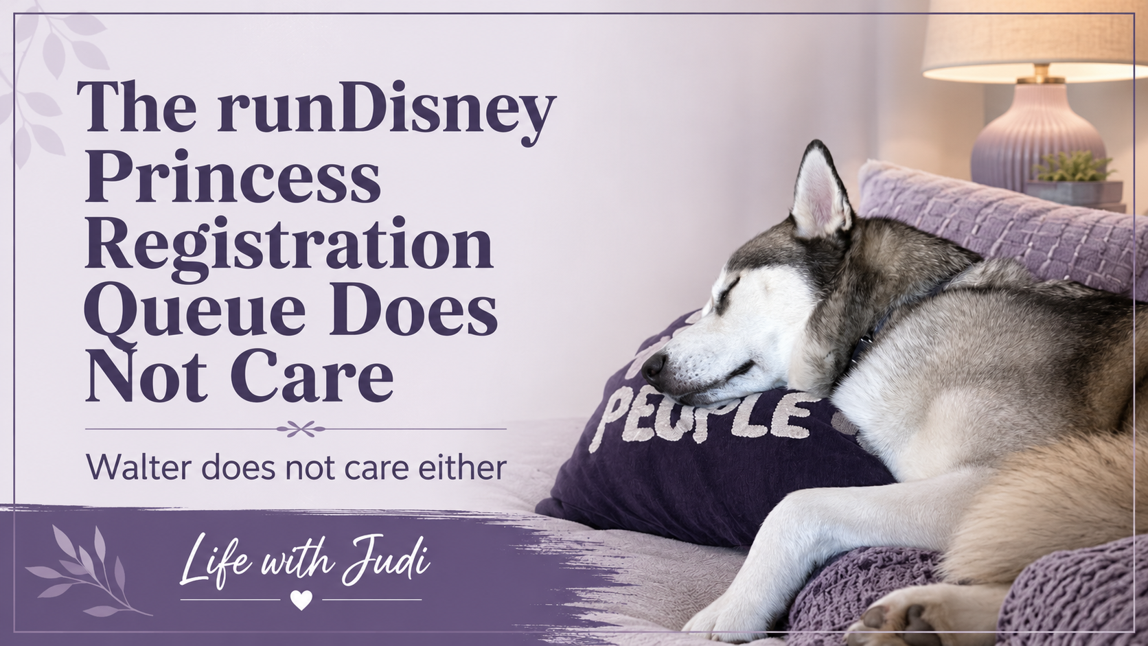 Sleeping husky named Walter on a couch with text about the runDisney Princess registration queue not caring.