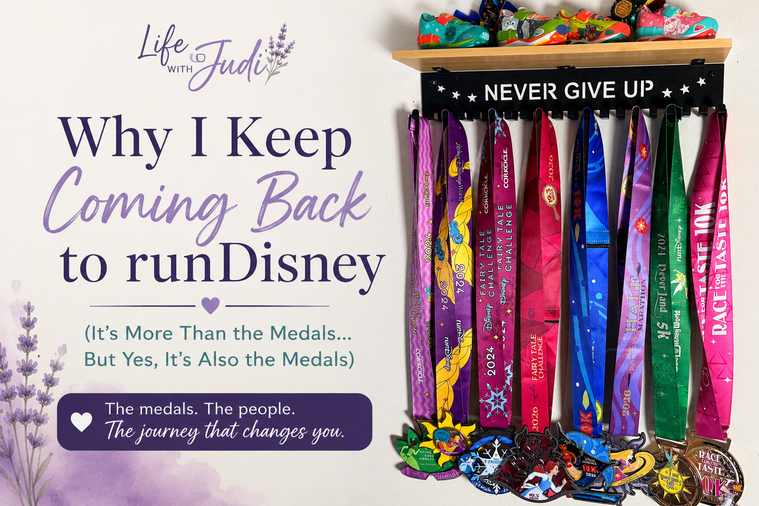 Why I Keep Coming Back to runDisney article featuring Judi’s runDisney medals